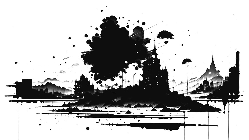A fantastic landscape of a frozen lake, stark black and white colours, strange buildings