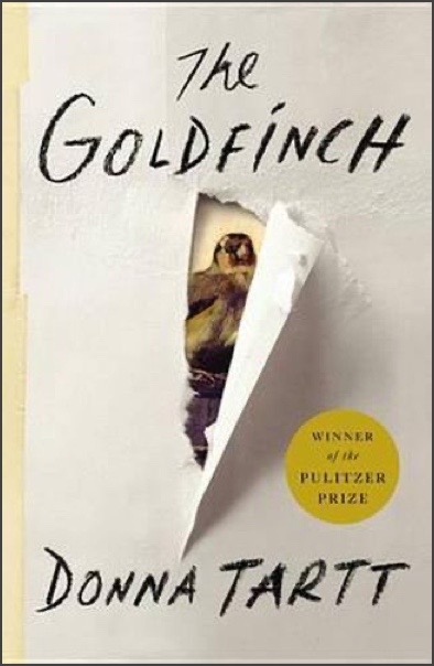 The cover of "The Goldfinch" by Donna Tartt. A torn paper covering shows a painting of a goldfinch behind a tear.