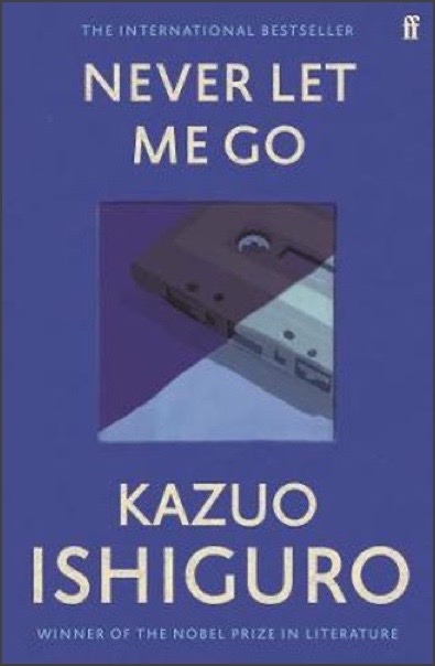 The cover of "Never Let Me Go" by Kazuo Ishiguro. A small inset square shows a stylised image of an audio cassette.
