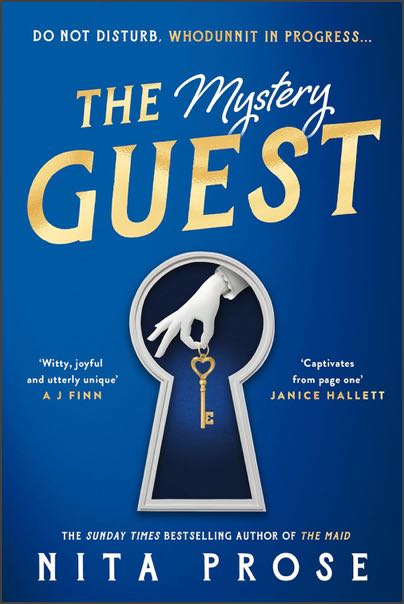 The cover of ‘The Mystery Guest’ by Nita Prose. Image shows a hand holding a key as seen through a stylised keyhole.