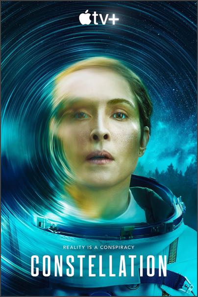 Poster for Constellation on AppleTV+. The image shows the face of a woman in a spacesuit, blurred out by a series of circling swirls.