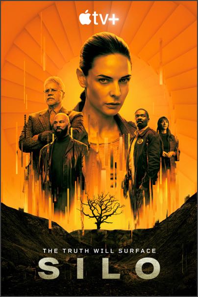 Poster for Silo on AppleTV+. Image shows a group of people against an orange background over a devastated landscape with one dead tree.