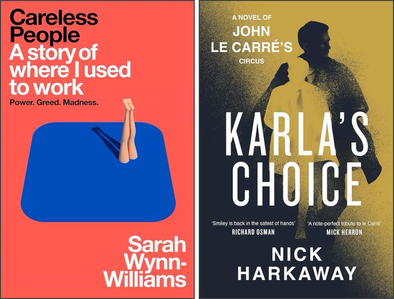 Covers of two books, Careless People and Karla’s Choice.