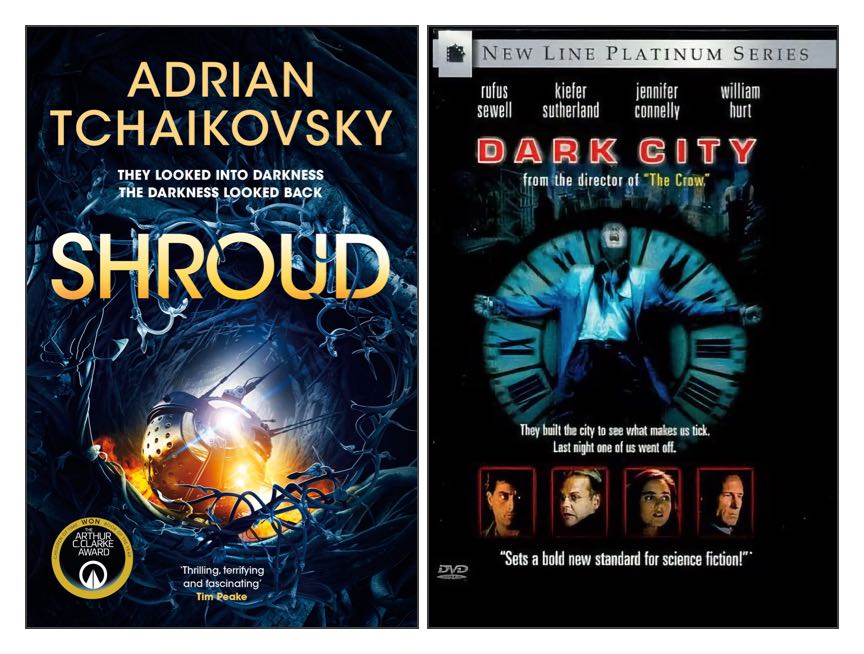 Covers of two books: ‘Shroud’ by Adrian Tchaikovsky and ‘Outrageous Fortunes’ by Megan Brown and Lucy Sussex.