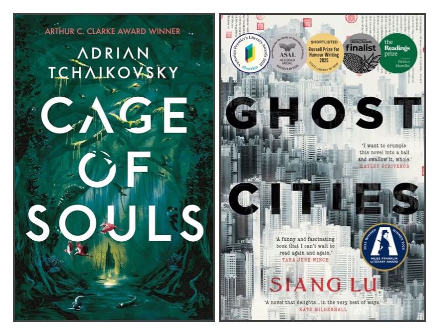 Covers of two books: ‘Cage of Souls’ by Adrian Tchaikovsky and ‘Let Me Tell You’ by Shirley Jackson.
