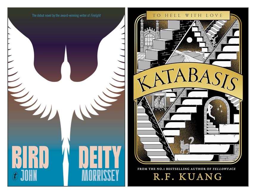 Covers of two books: ‘Bird Deity’ by John Morrissey and ‘Katabasis’ by R. R. Kuang.